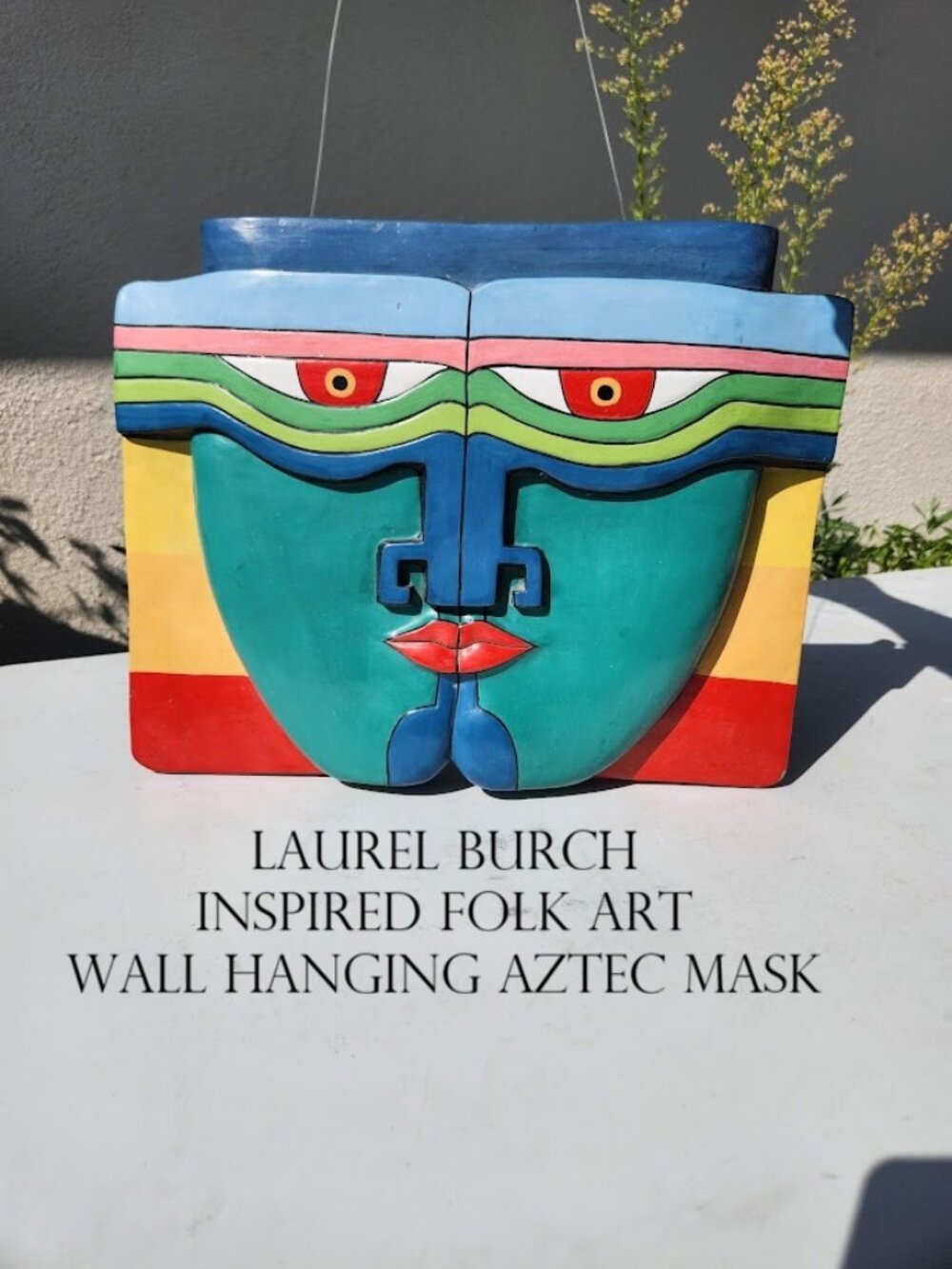 Vintage 1980s Retro Pop Art Wooden Folk Art Mask Wall Hanging Laurel Burch Style